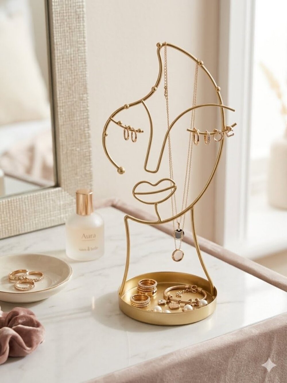 Gold Abstract Face Jewelry Stand Earring & Necklace Holder